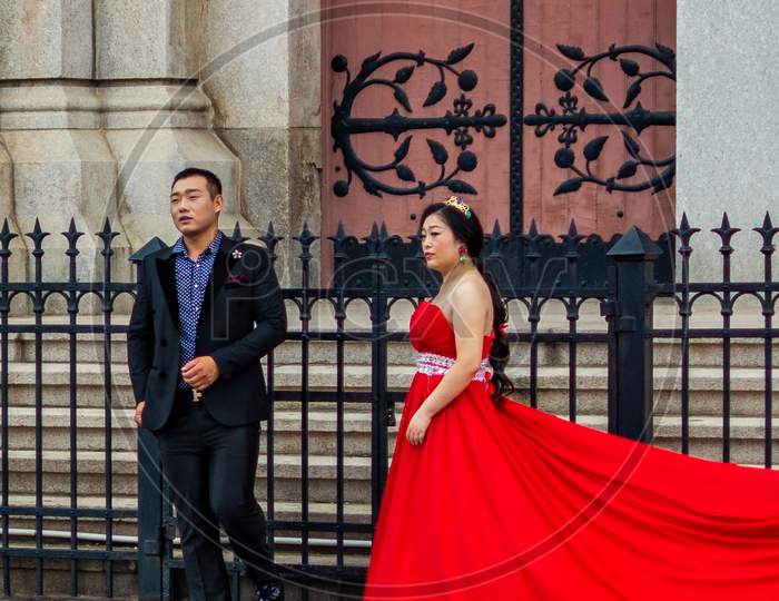 Chinese Wedding Couple At St. Michael'S Cathedral In Qingdao, China