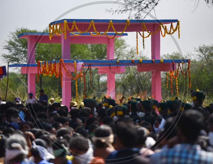 People attend the funeral of soldier Ryada Mahesh, 26, from Telangana's Nizamabad district, who was martyred in the encounter along with three others at Machil sector of Kupwara district in Jammu and Kashmir on Sunday.