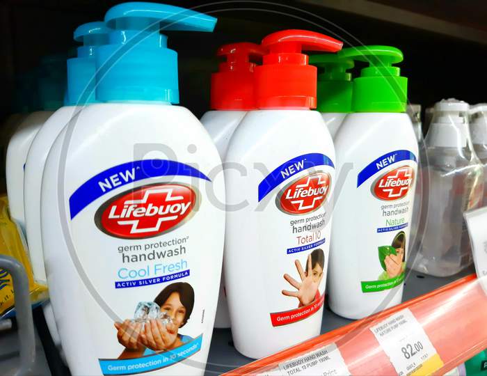 Lifebuoy handwash on the supermarket shelf . Lifebuoy is one of the famous brand for hygiene and health. Close up view of lifebuoy handwash