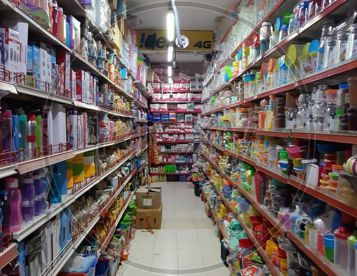 interior of Indian supermarket or small grocery shop