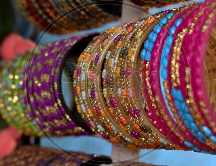 Indian traditional colourful wedding Bangles in a store.