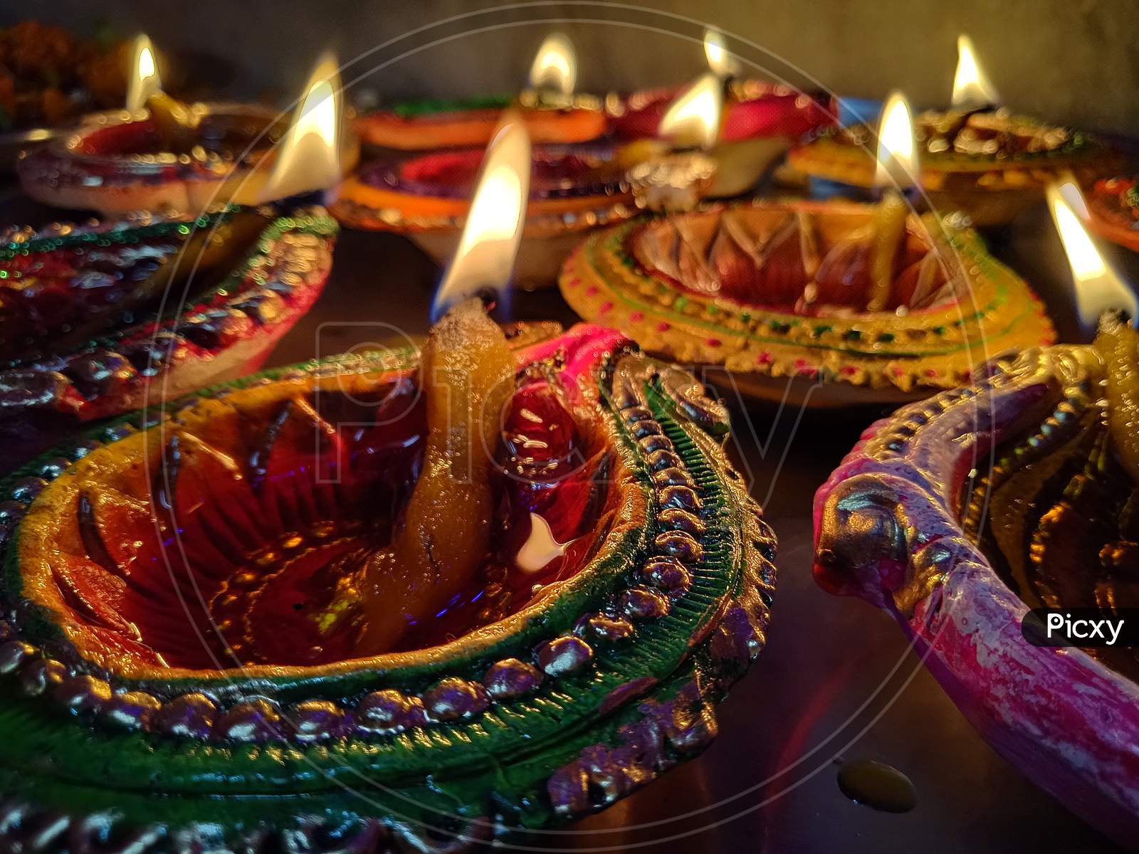 Coloured Diyas on Diwali