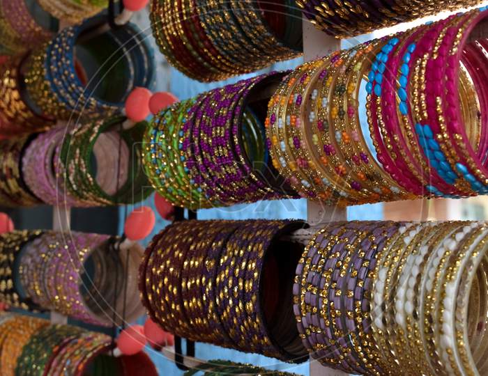 Indian traditional colourful wedding Bangles in a store.