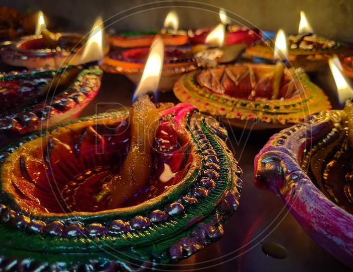 Coloured Diyas on Diwali