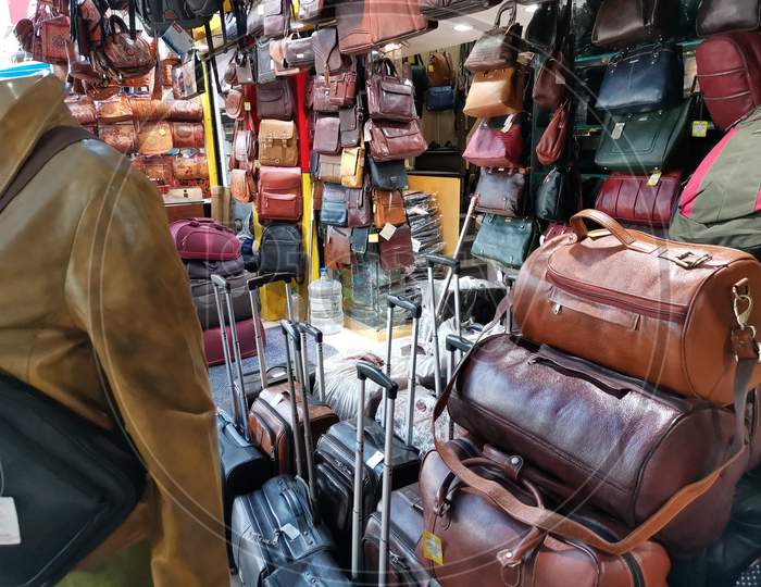 Leather bag shop in Kolkata India.