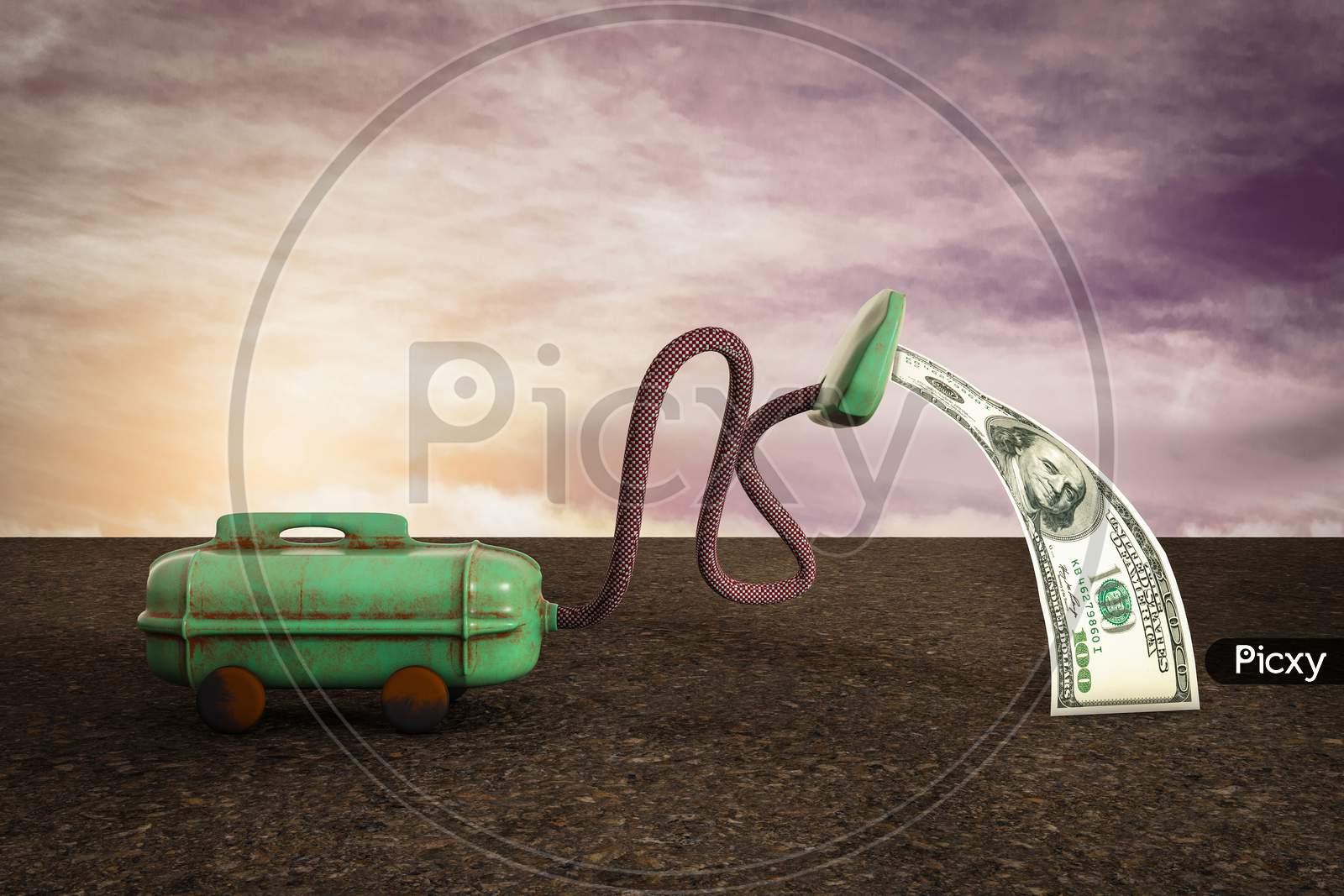 Vacuum Cleaner Sucking One Hundred Dollar At Sunset Magenta Day. Your Next Stimulus Payment May Be The Final One Or The Heroes Act Or Don'T Bank On Tons Of Stimulus Cash Concept. 3D Illustration