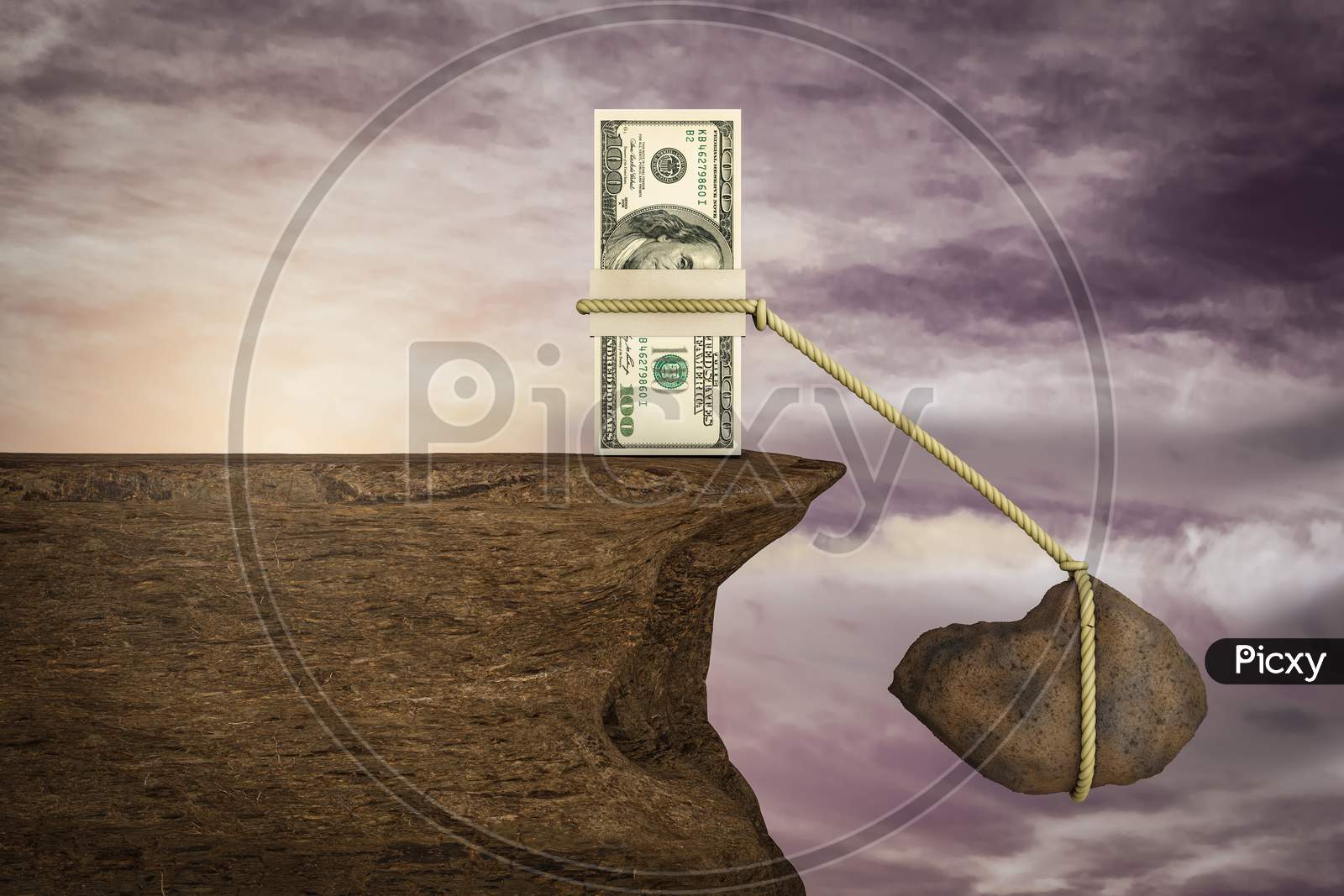 Stack Of One Hundred Dollar Depressed With Rock And Rope On Cliff At Sunset Magenta Day. Your Next Stimulus Payment May Be The Final One Or Don'T Bank On Tons Of Stimulus Cash Concept. 3D Illustration