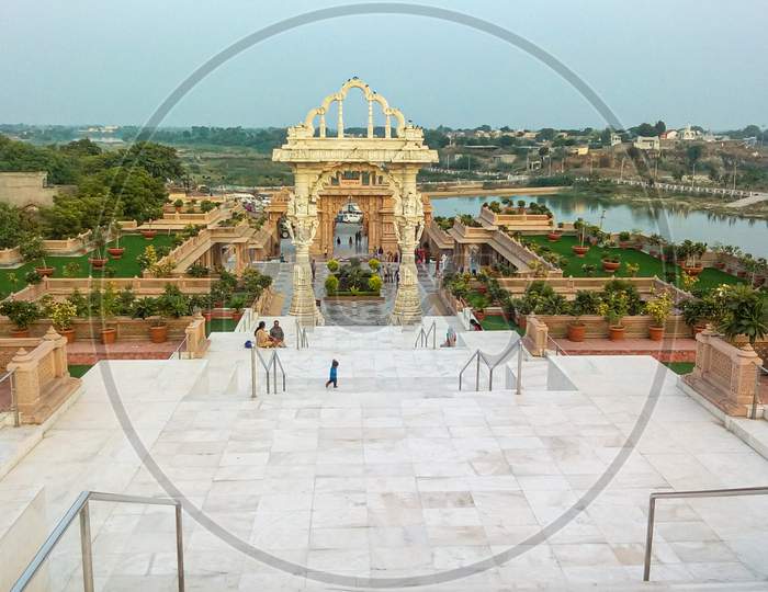 11 november 2017, gadhada (swamina), gujrat, india;- Best angle view of gadhada swamina city at top of the aksharpurushottam swaminarayan tempal, view of gate and ghelo river with gadhada city.
