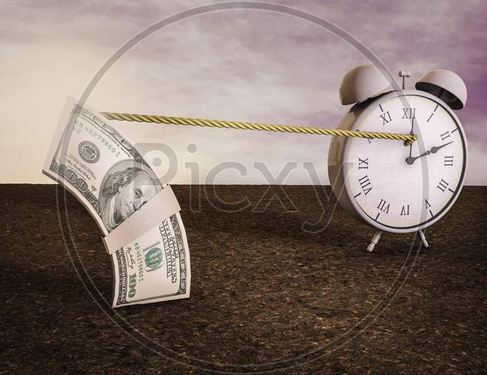 Time On Clock Stop By Stack Of One Hundred Dollar Bills At Magenta Day. Your Next Stimulus Payment May Be The Final One Or The Heroes Act Or Don'T Bank On Tons Of Stimulus Cash Concept. 3D Render