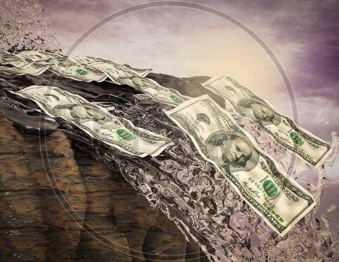 One Hundred Dollars Fall From A Waterfall At Sunset Magenta Day. Your Next Stimulus Payment May Be The Final One Or The Heroes Act Or Don'T Bank On Tons Of Stimulus Cash Concept. 3D Illustration