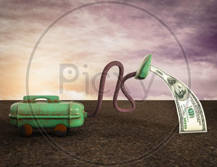 Vacuum Cleaner Sucking One Hundred Dollar At Sunset Magenta Day. Your Next Stimulus Payment May Be The Final One Or The Heroes Act Or Don'T Bank On Tons Of Stimulus Cash Concept. 3D Illustration