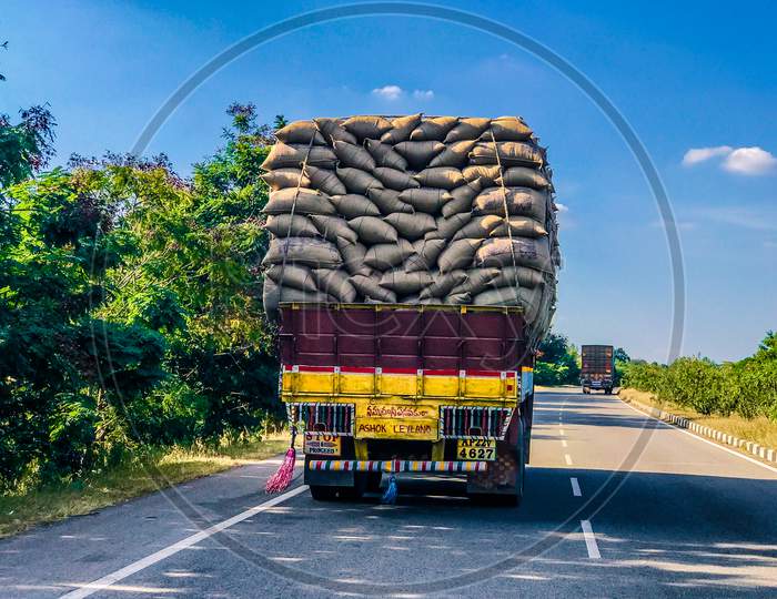 A Lorry or Truck moving on National Highway 44 with Paddy Bags, Nagpur Highway