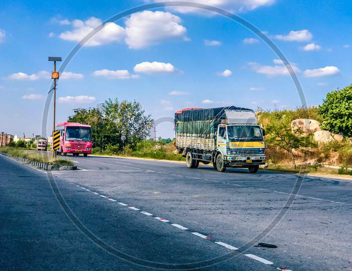 A Telangana State Road Transport Corporation (TSRTC) passenger bus moving on National Highway 44, Nagpur Highway