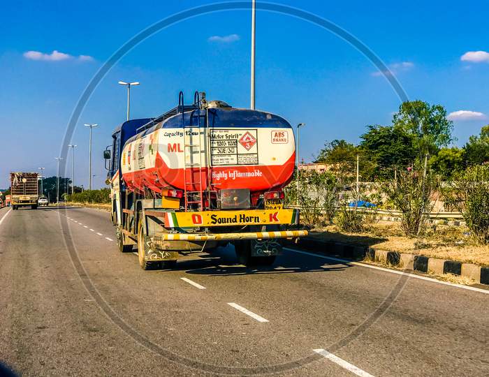 An Indian Oil Petroleum Lorry or Truck moving on National Highway 44, Nagpur Highway
