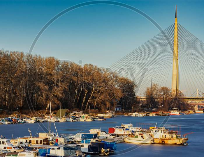 Ada Bridge, Cable-Stayed Bridge Over The Frozen Sava River In Winter In Belgrade