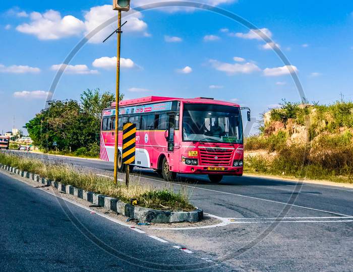 A Telangana State Road Transport Corporation (TSRTC) passenger bus moving on National Highway 44, Nagpur Highway