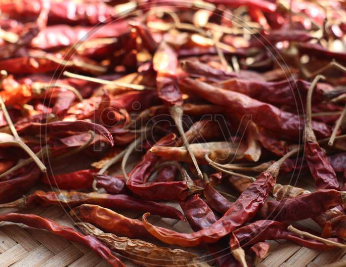 Dried red hot chili peppers.