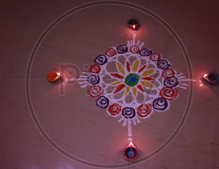 Diwali festival celebration. Diwali Lamps and decoration. Diwali Rangoli design and Lamp design.