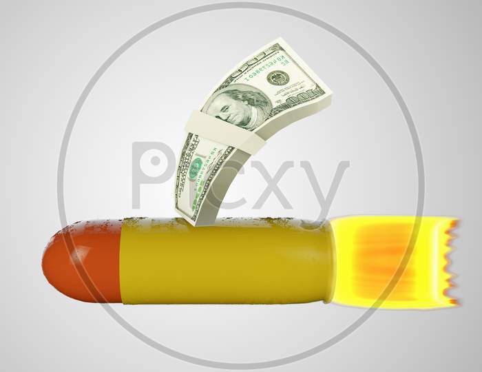 Stack Of One Hundred Dollar Bills On A Bullet On White Grey Background. Your Next Stimulus Payment May Be The Final One Or The Heroes Act Or Don'T Bank On Tons Of Stimulus Cash Concept. 3D Render