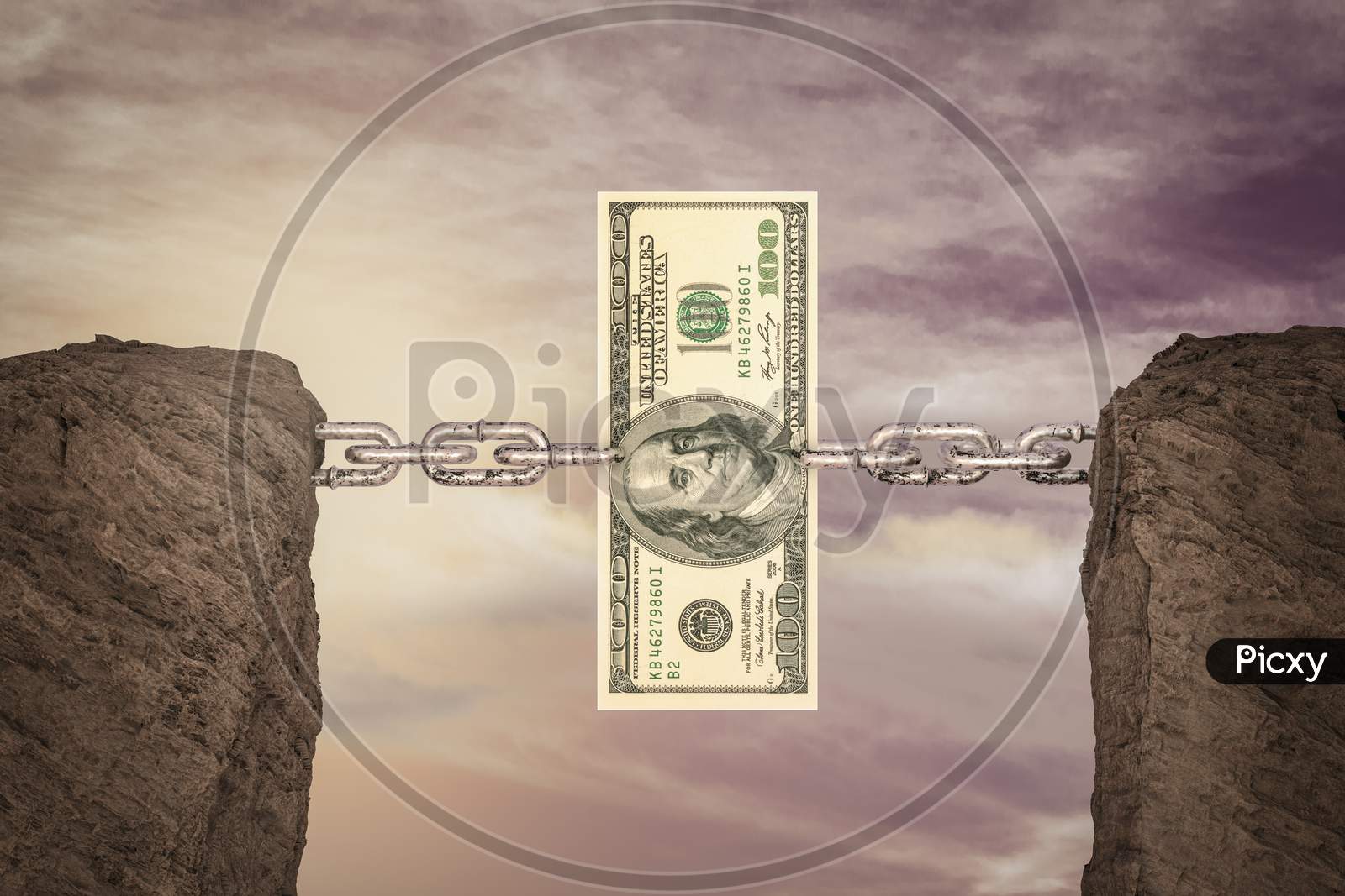 Two Mountains Connected With A Chain By One Hundred Dollar At Magenta Day. Your Next Stimulus Payment May Be The Final One Or The Heroes Act Or Don'T Bank On Tons Of Stimulus Cash Concept. 3D Render