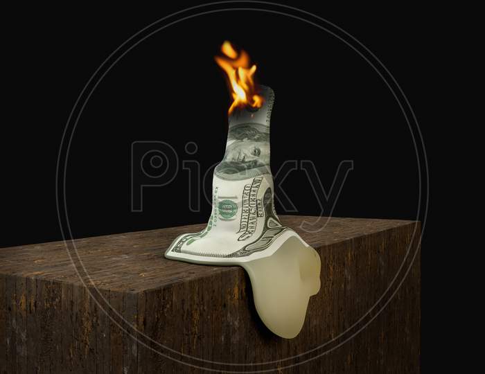 One Hundred Dollar Bill In A Shape Of Candle Burning In Black Background. Your Next Stimulus Payment May Be The Final One Or The Heroes Act Or Don'T Bank On Tons Of Stimulus Cash Concept. 3D Render
