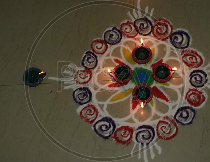 Diwali festival celebration. Diwali Lamps and decoration. Diwali Rangoli design and Lamp design.