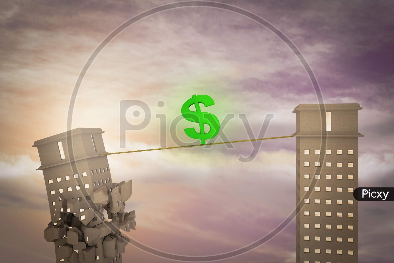 Green Icon Dollar Balance On A Rope With One Skyscraper Ready To Collapse. Markets Fall Or Business Loss Or Investment Lost Or Financial Failure Or Crisis Market Concept. 3D Illustration