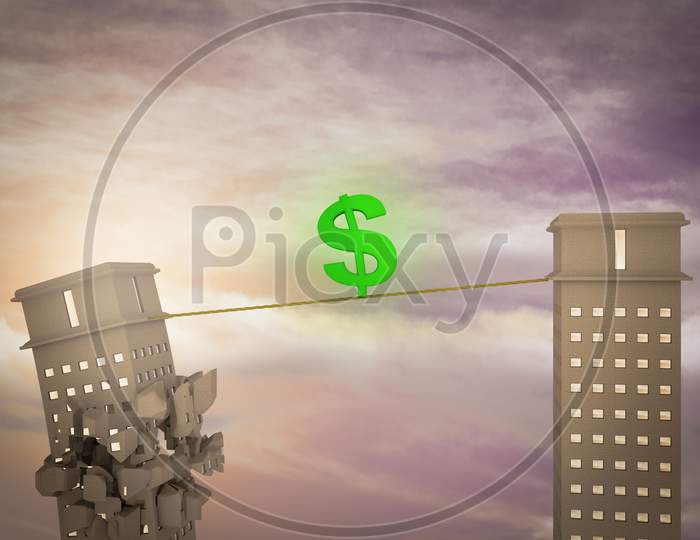 Green Icon Dollar Balance On A Rope With One Skyscraper Ready To Collapse. Markets Fall Or Business Loss Or Investment Lost Or Financial Failure Or Crisis Market Concept. 3D Illustration