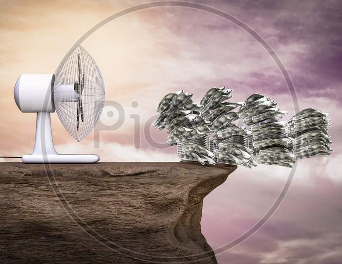 A Fan Blows Big Pile Of Money On Cliff At Sunset Magenta Day. Markets Fall Or Business Loss Or Investment Lost Or Financial Failure Or Crisis Market Concept. 3D Illustration