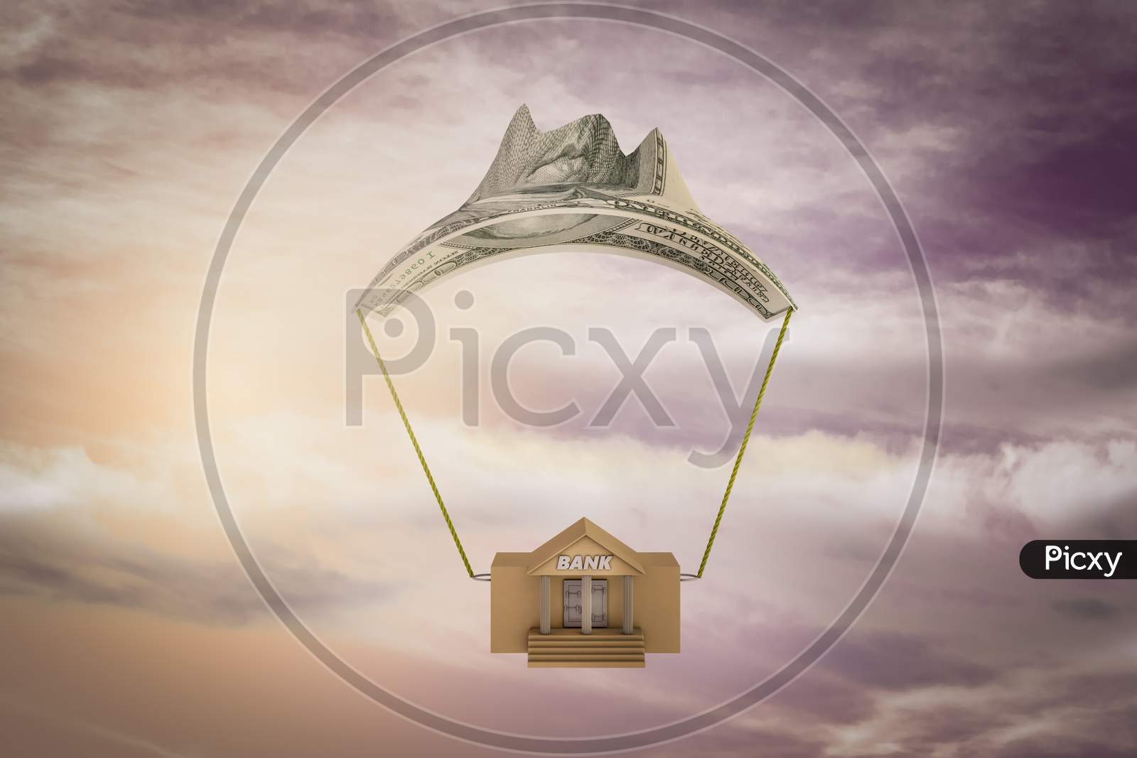 Damaged Air Balloon In A Shape Of Dollar Falling Carried A Bank Building At Sunset Magenta Day. Markets Fall Or Business Loss Or Investment Lost Or Financial Failure Or Crisis Concept. 3D Illustration