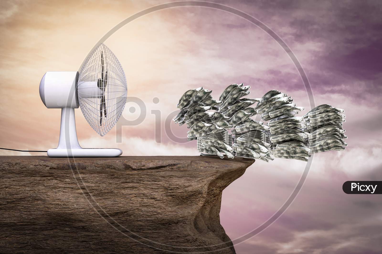 A Fan Blows Big Pile Of Money On Cliff At Sunset Magenta Day. Markets Fall Or Business Loss Or Investment Lost Or Financial Failure Or Crisis Market Concept. 3D Illustration
