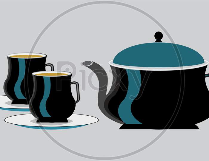 Black tea cups and teapot vector artwork