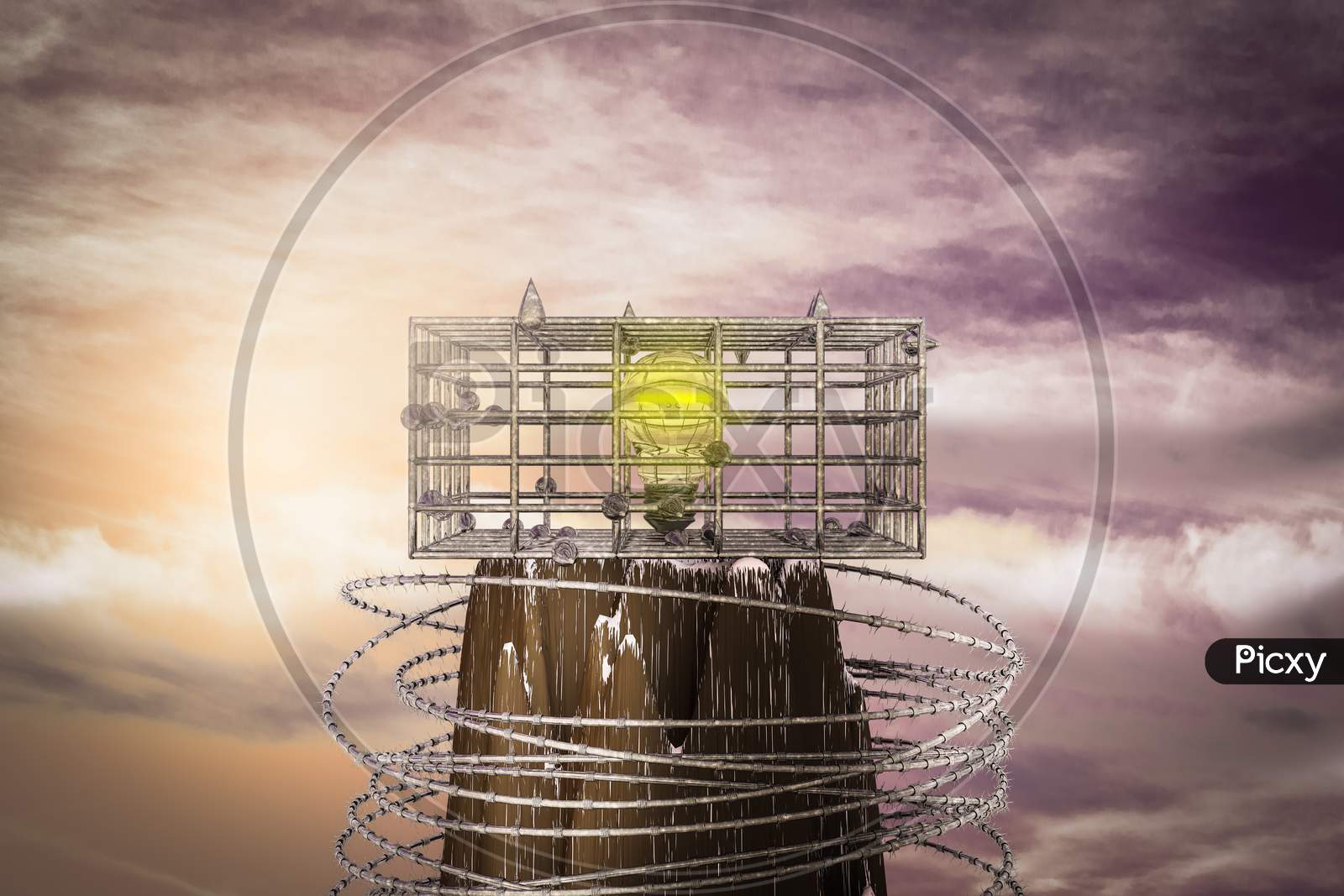 Light Bulb In A Cage On The Top Of A Mountain At Sunset Magenta Day. Light Bulb Is Prisoner In Metal Cage Or No Freedom For The Leader Or Business Finance Concept. 3D Illustration