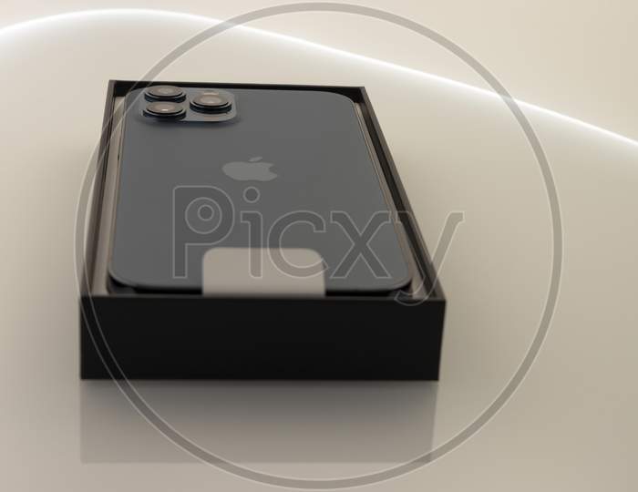 Frankfurt, Germany - November 13th 2020: A german photographer bought the new iPhone 12 Pro Max in the color Pacific Blue, taking pictures of the unboxing after it was delivered.