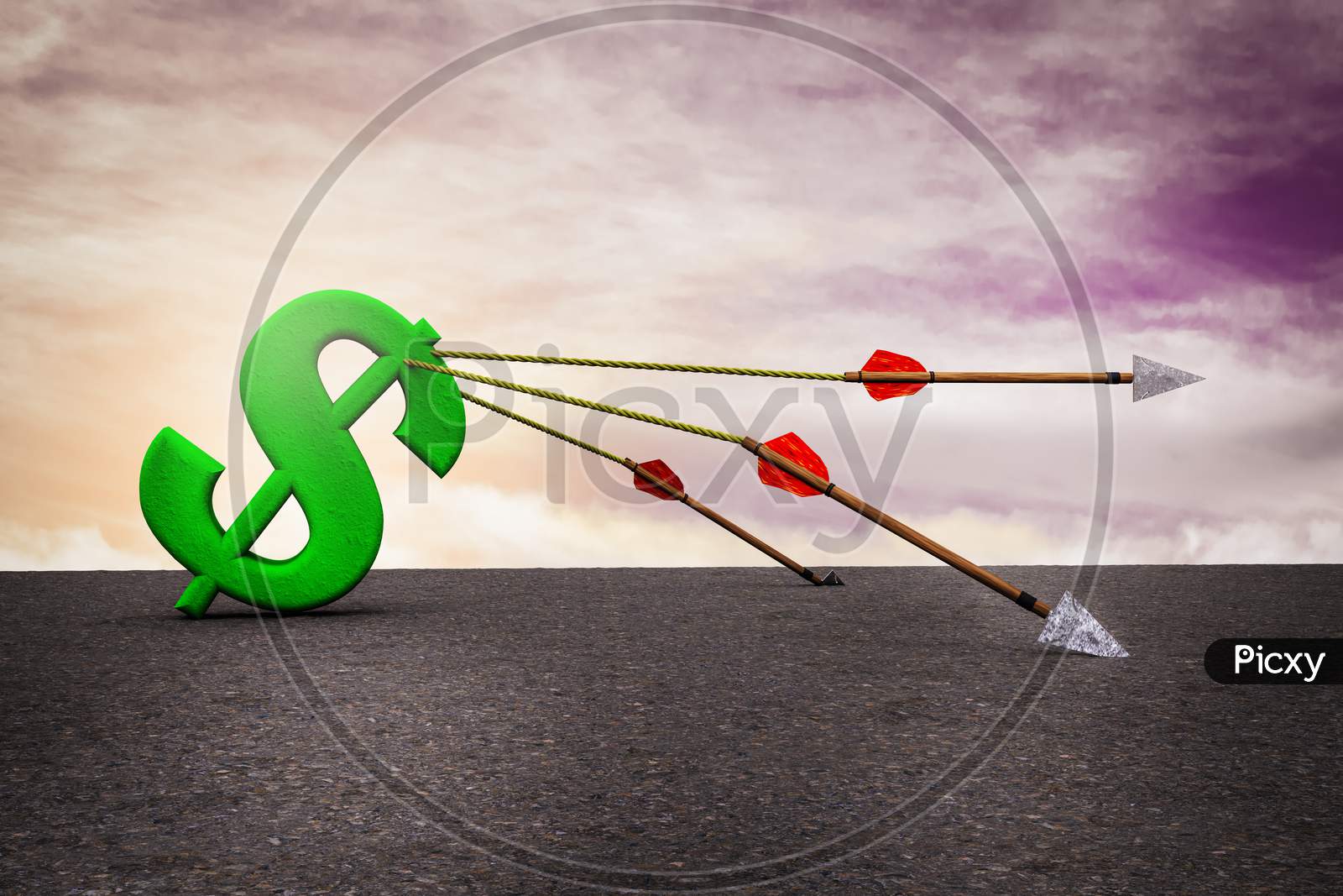 One Arrows Dragging A Green Dollar Icon With Others Arrows Fallen To The Ground At Sunset Magenta Sky. Back On Your Feet Or Buck Global Economic Downturn Concept. 3D Illustration