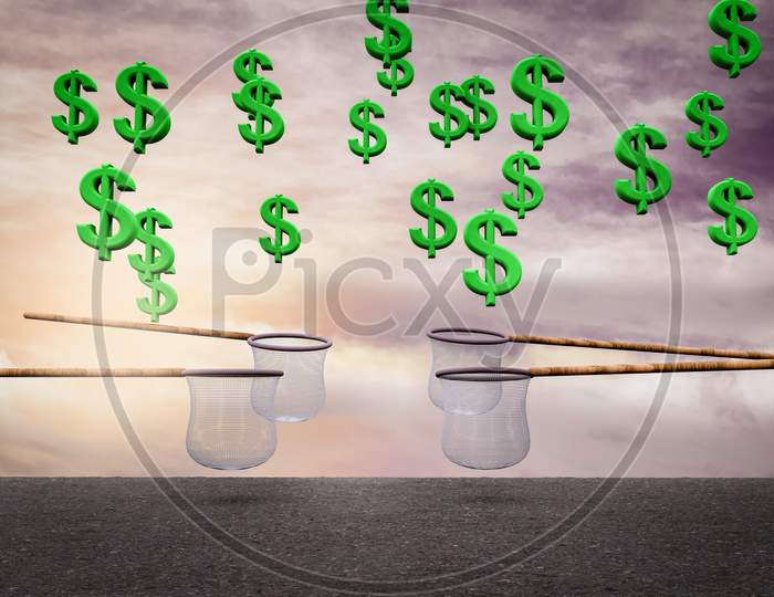 Greens Dollars Icons Falling From Sky And The Nets Try To Catch Them At Sunset Magenta Day. Markets Fall Or Business Loss Or Investment Lost Or Crisis Or Back On Your Feet Concept. 3D Illustration
