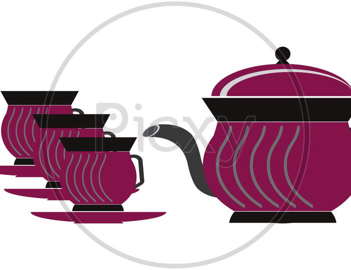 Purple color tea cups and teapot graphic design