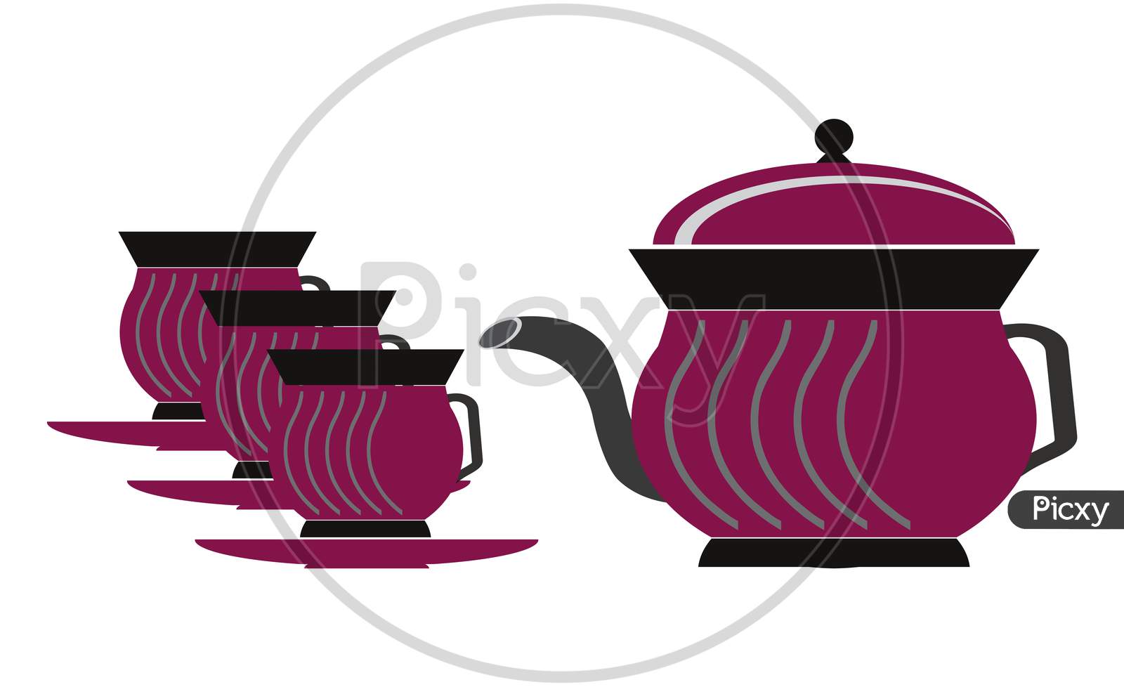 Purple color tea cups and teapot graphic design