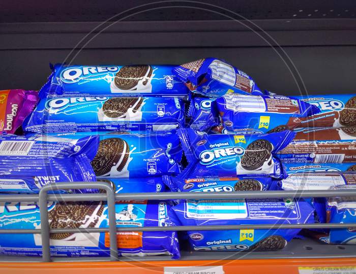 Oreo cookies on the supermarket shelf.