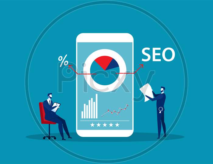 Man Record And Report With  Magnifier . Concept Of Seo Or Search Engine Optimization, Online Marketing Strategy.  Vector Illustration.