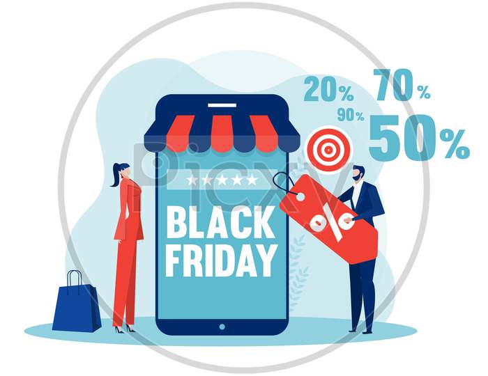 Black Friday Shop, People Buying On Super Discount ,Shop Online Service, Promo Purchase Marketing Illustration