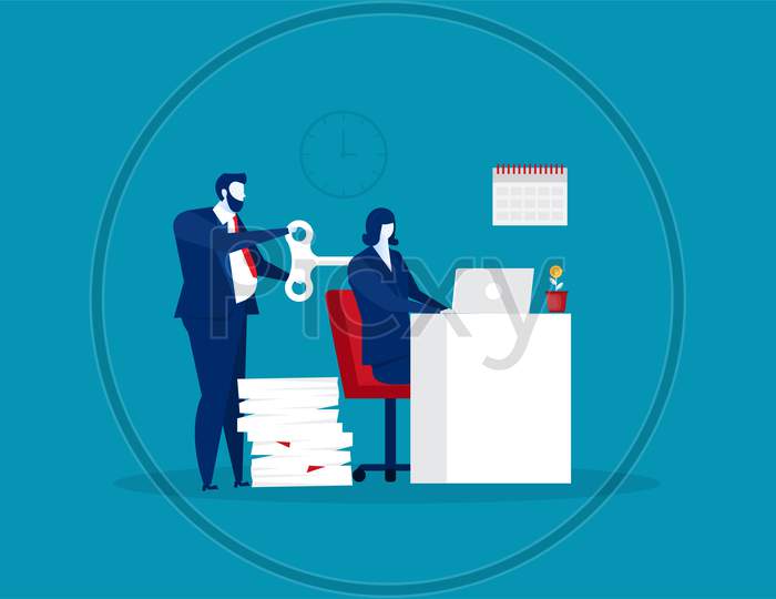 Business Man Work Hard With Wind-Up Key Concept Vector