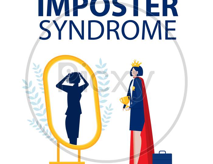 Imposter Syndrome.Business Woman Get Award Standing With Mirror And Seeing Themselves As Shadow Behind. Anxiety And Lack Of Self Confidence At Work, Vector Illustration.
