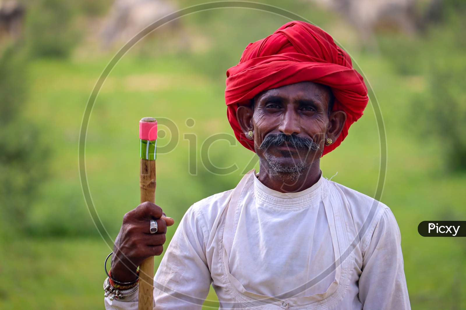 The Indian shepherd with smiling face and traditional dress.