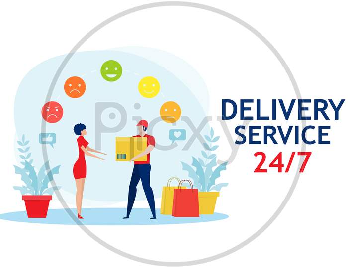 Businessman Delivery Service With Feedback Service, E-Commerce. Receiving Package From Courier To Customer. Vector