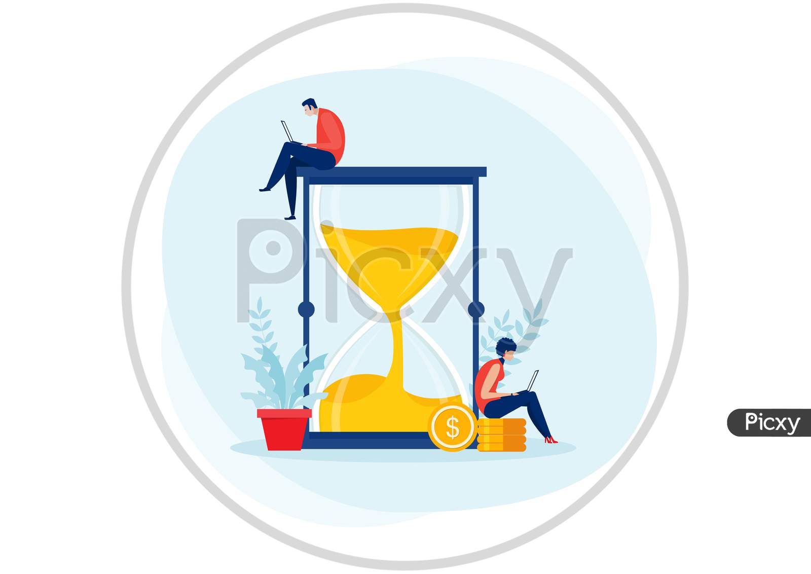 Young Man And Woman With Laptop On Sandglass, Working Hours, Time Management Hourglass.Flat Vector Illustration