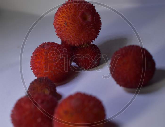 wild red strawberry with thick skin and blue background