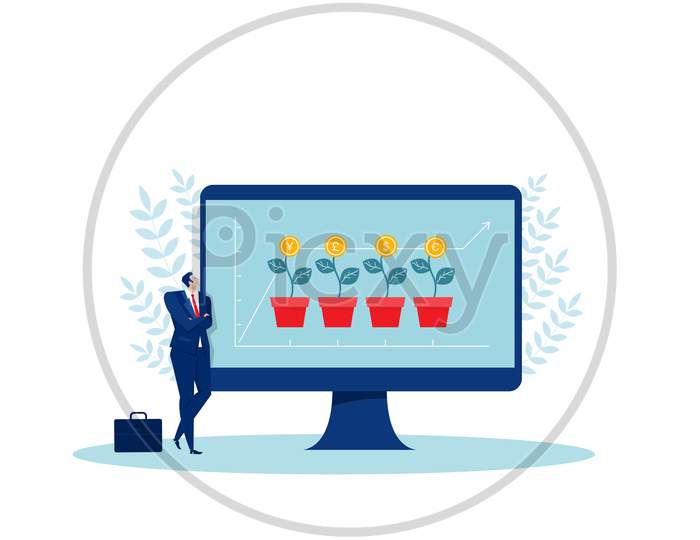 Businessman Looking Red Arrow Grow Up Investment Tree Concept Vector  Illustrations.
