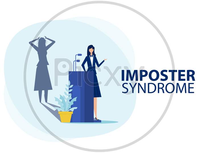 Imposter Syndrome.Woman Standing For Her Present Profile With Fear Shadow Behind. Anxiety And Lack Of Self Confidence At Work ,The Person Fakes Is Someone Else Concept