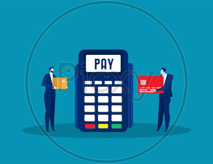 Man Online Payment Concept. Payment Terminal Transaction. Pay By Card.Vector